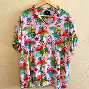 H&M- Button down shirt Sponge Bob and Hawaiian print flamingo palms flowers XXL